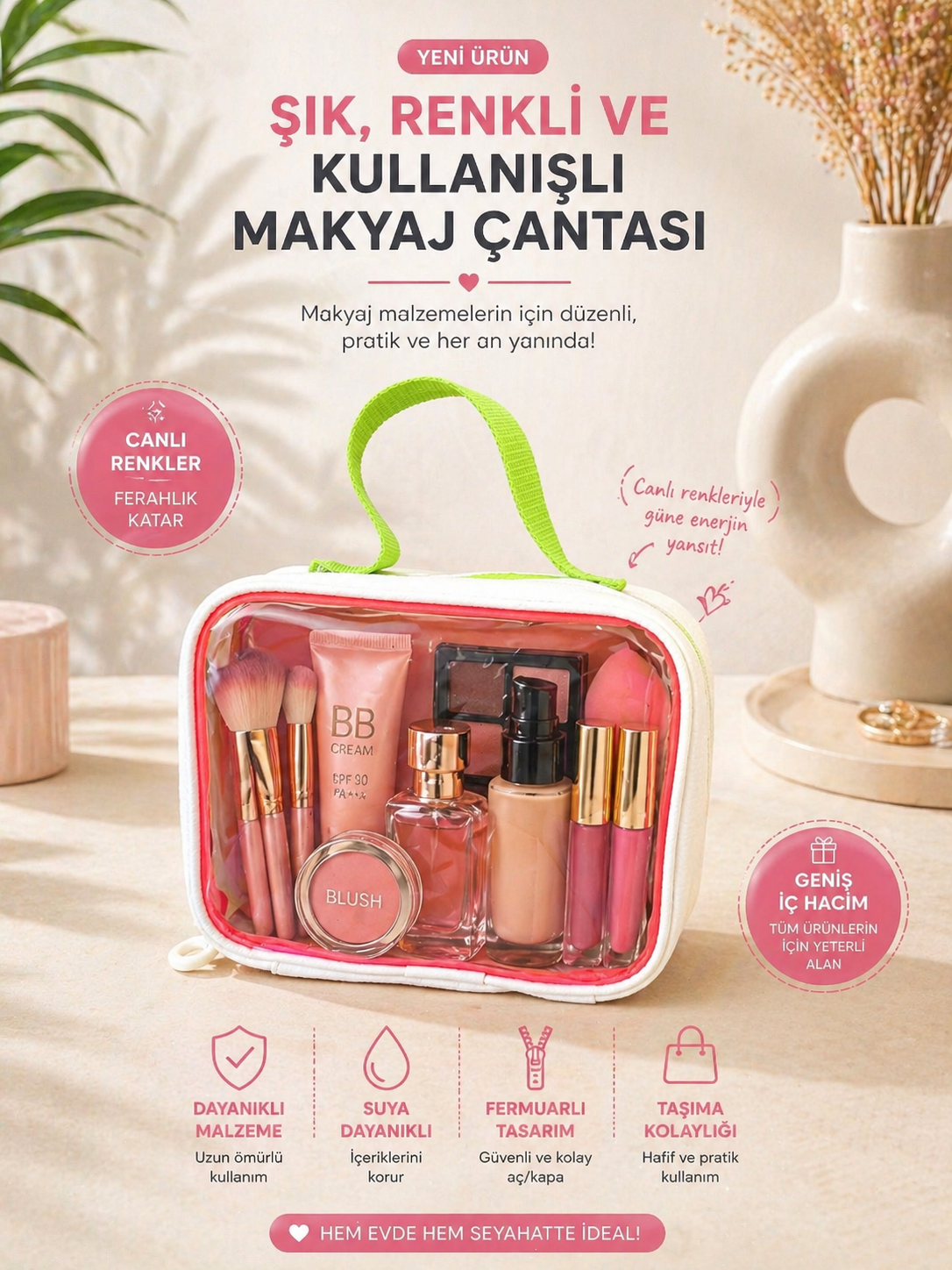 Renkli Şeffaf Makyaj Çantası – Düzenli, Şık ve Pratik