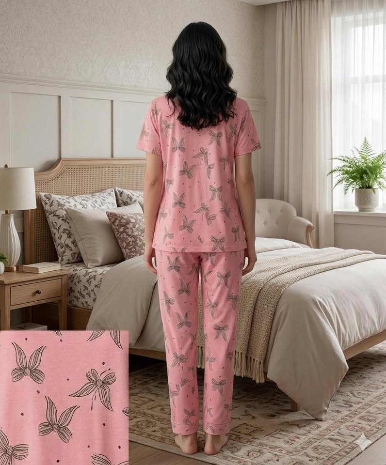 Kadın Pembe Desenli Kısa Kollu Pijama Takımı – Rahat Kesim Yumuşak Dokulu Ev Giyim Seti