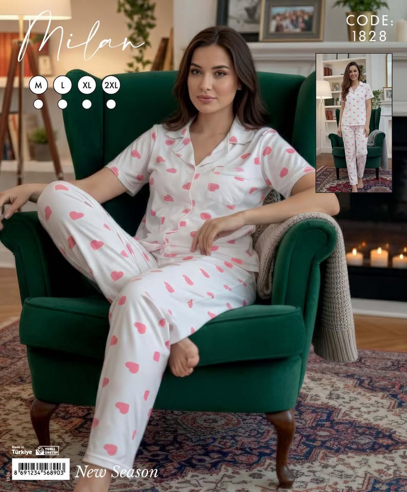 Milan Kadın Pijama Takımı Kalp Desenli Kısa Kol Pamuklu Şık Rahat Ev Giyim