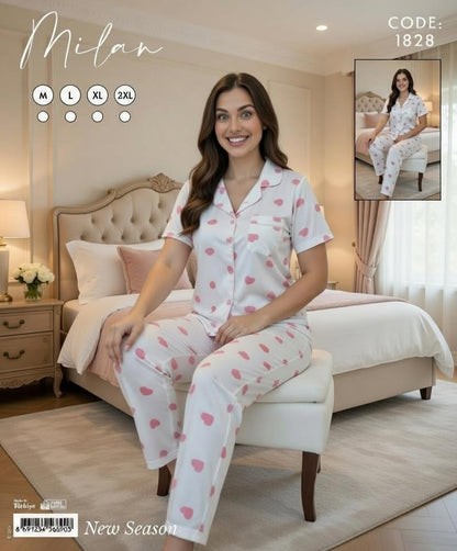 Milan Kadın Pijama Takımı Kalp Desenli Kısa Kol Pamuklu Şık Rahat Ev Giyim