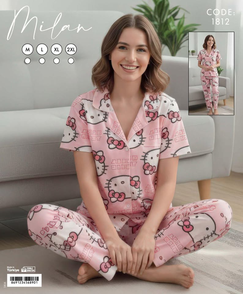 Kadın Hello Kitty Baskılı Kısa Kollu Pijama Takımı – Yumuşak Dokulu Rahat Ev Giyim Seti