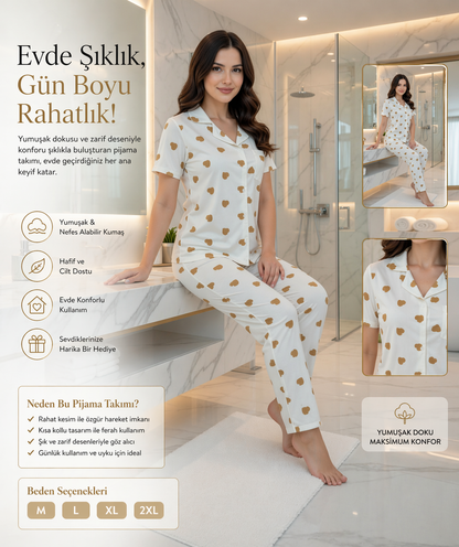 Kadın Ekru Kalp Desenli Kısa Kollu Pijama Takımı – Yumuşak Dokulu Rahat Ev Giyim Seti