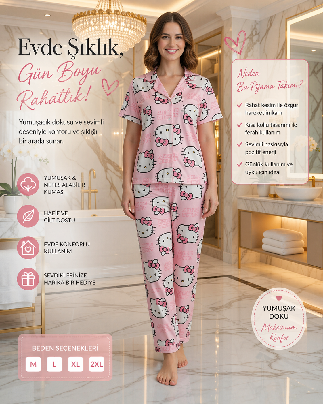 Kadın Hello Kitty Baskılı Kısa Kollu Pijama Takımı – Yumuşak Dokulu Rahat Ev Giyim Seti