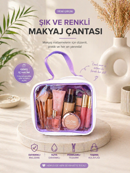 Renkli Şeffaf Makyaj Çantası – Düzenli, Şık ve Pratik